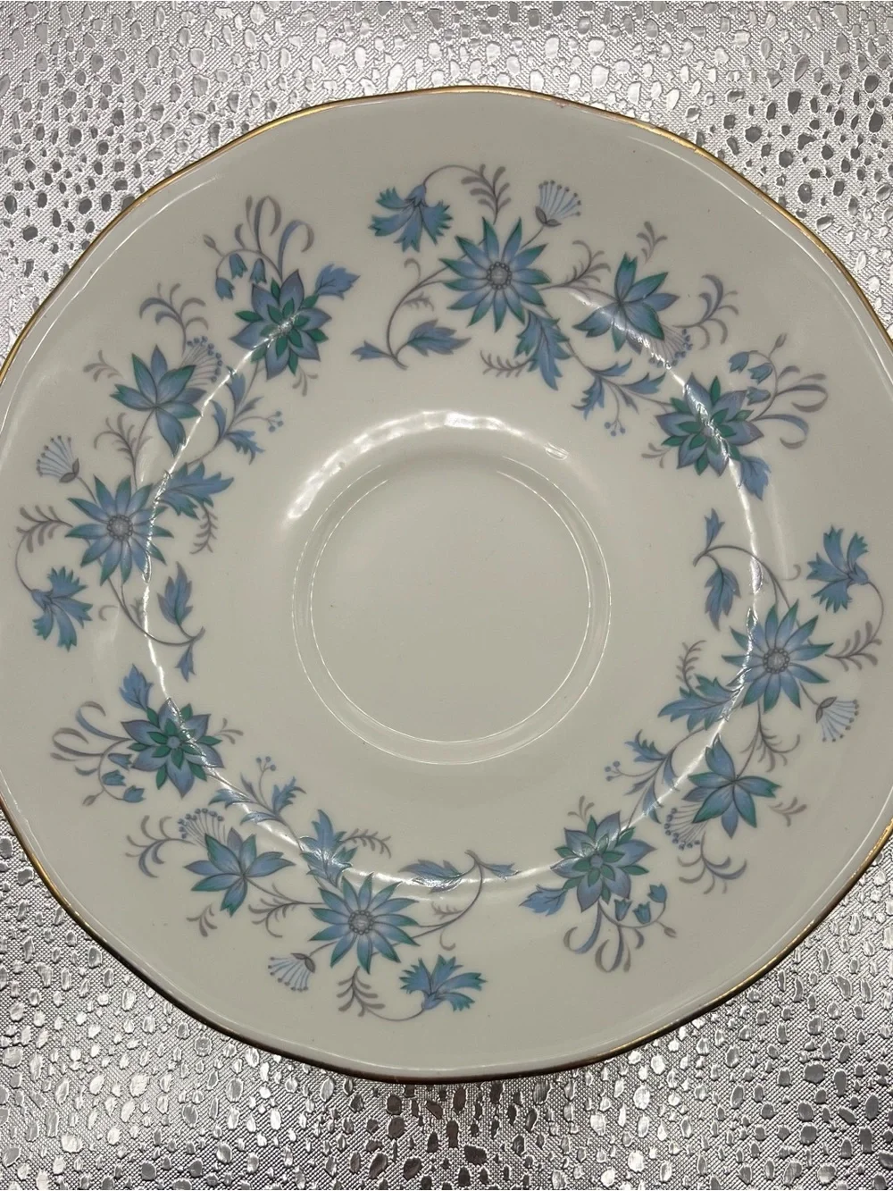 Colclough brand Bone China Teacup & Saucer in Blue Floral with Gold Trim E772